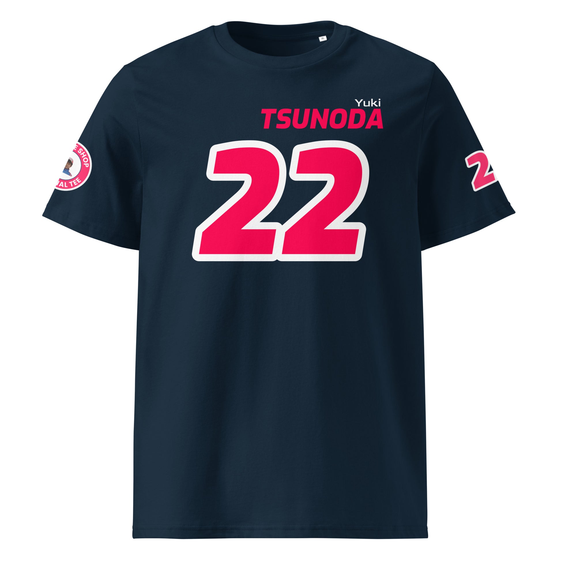 Front view of the Yuki Tsunoda Red Bull T-Shirt in navy, featuring the name and number of Yuki Tsunoda in bold Red Bull colours.