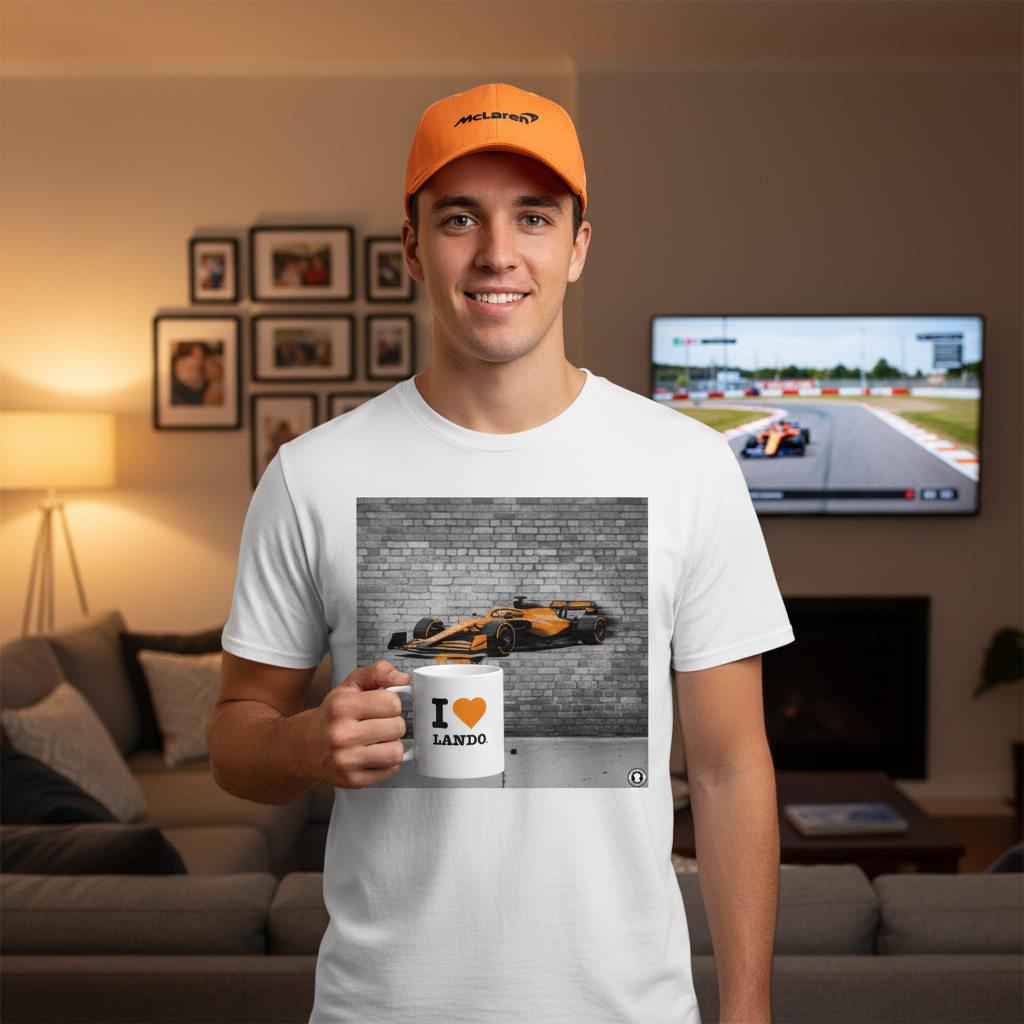 Man wearing an orange cap and white t-shirt with a Formula 1 car design, holding a mug with 'I ❤️ Lando' text, in a living room setting.