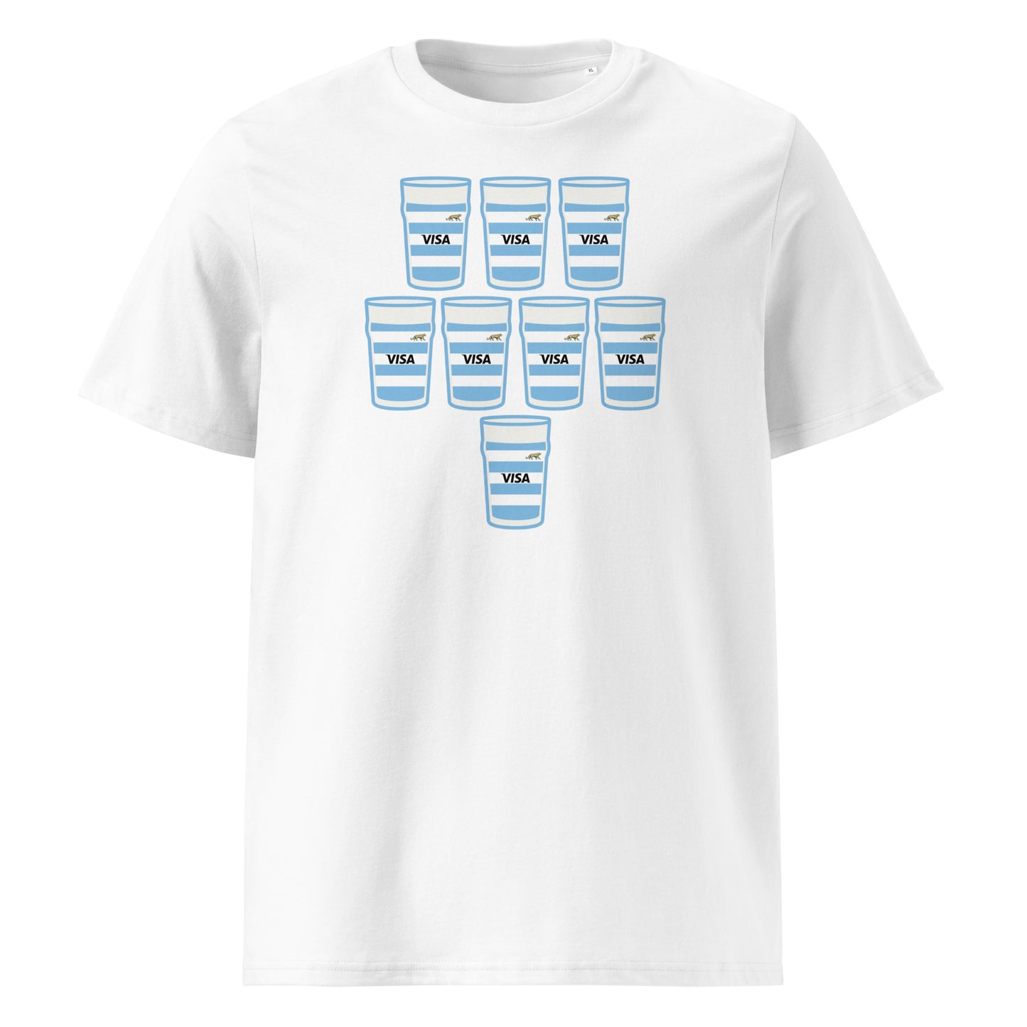 White t-shirt with eight sky blue and white hooped pint glasses arranged in a rugby scrum formation with sponsor-style text and small jaguar detail
