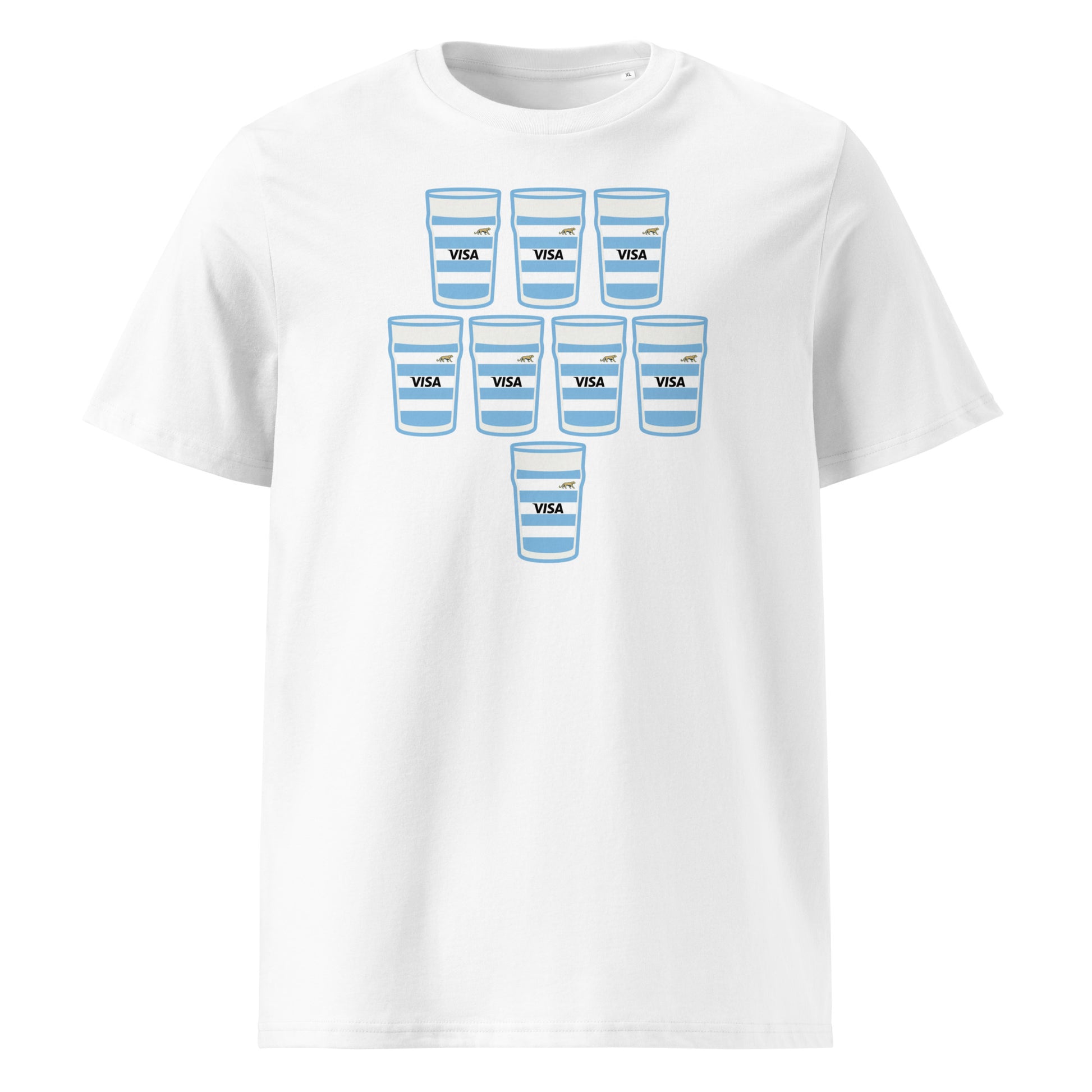 White t-shirt with eight sky blue and white hooped pint glasses arranged in a rugby scrum formation with sponsor-style text and small jaguar detail
