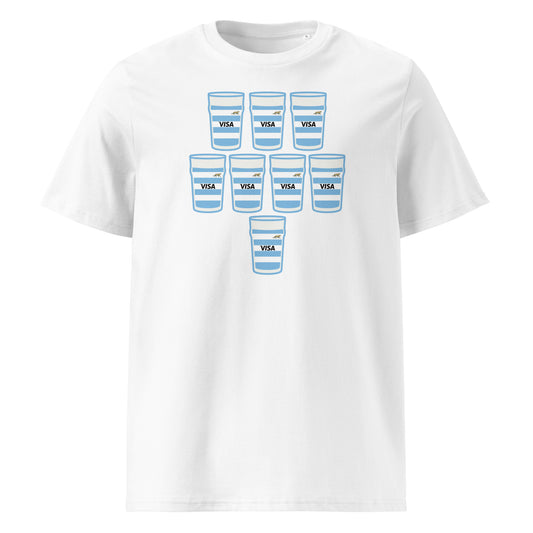 White t-shirt with eight sky blue and white hooped pint glasses arranged in a rugby scrum formation with sponsor-style text and small jaguar detail
