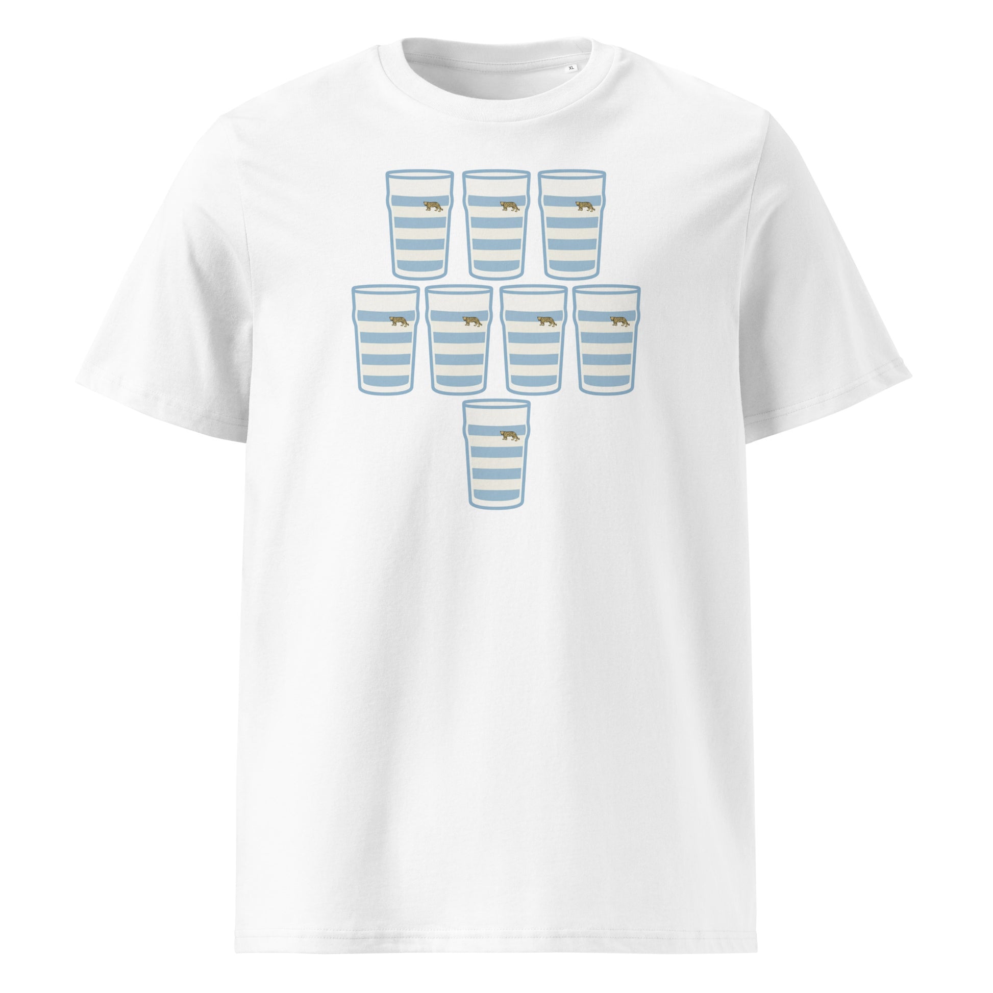 White t-shirt with eight sky blue and white hooped pint glasses arranged in a rugby scrum formation with small jaguar detail