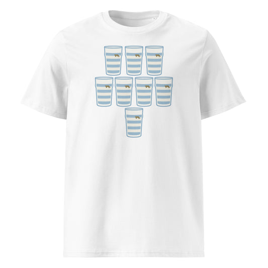 White t-shirt with eight sky blue and white hooped pint glasses arranged in a rugby scrum formation with small jaguar detail
