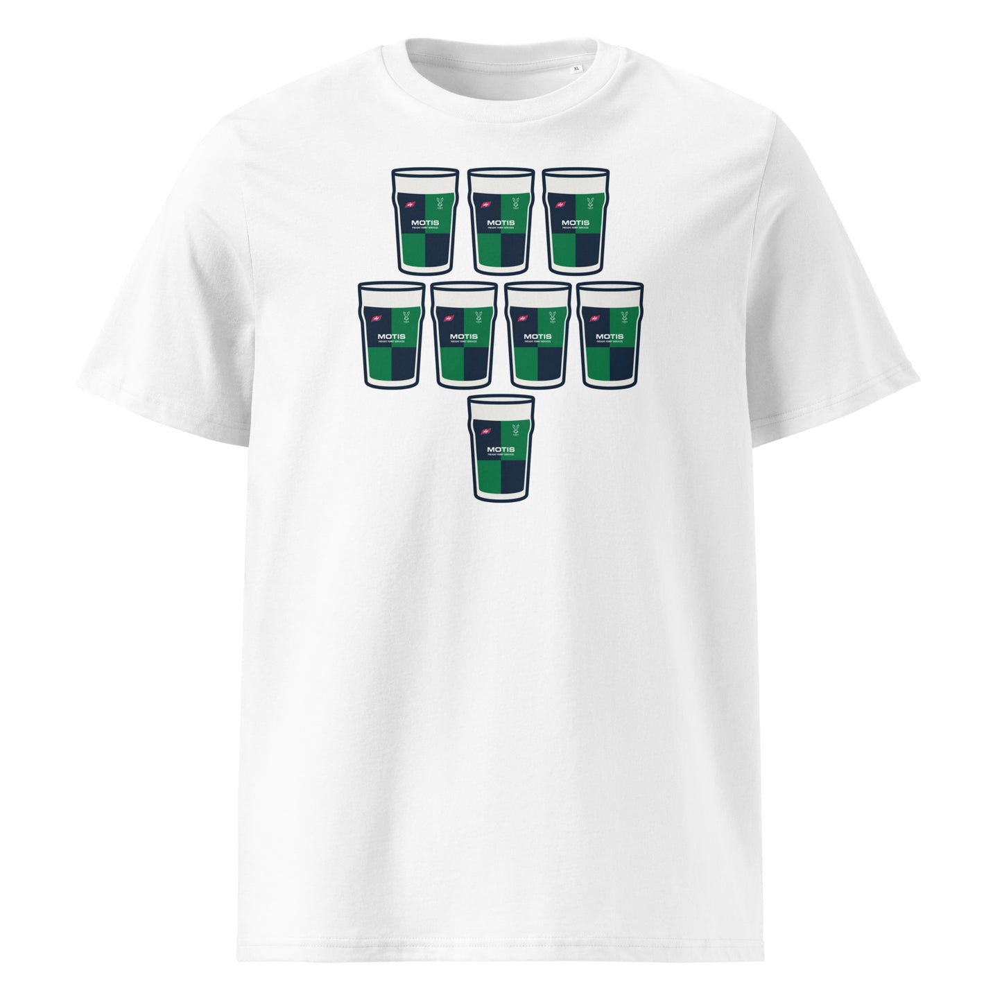 White rugby t-shirt with eight green and navy pint glasses arranged in a rugby scrum formation with sponsor-style detail
