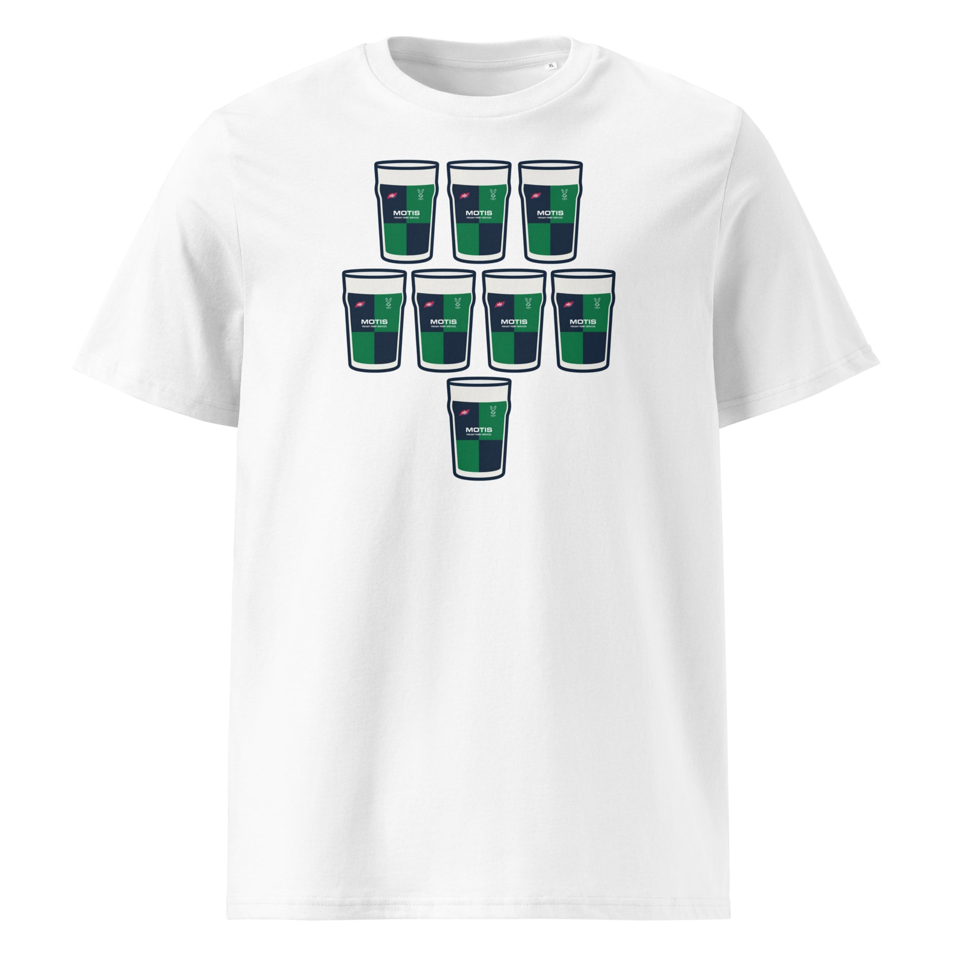 White rugby t-shirt with eight green and navy pint glasses arranged in a rugby scrum formation with sponsor-style detail
