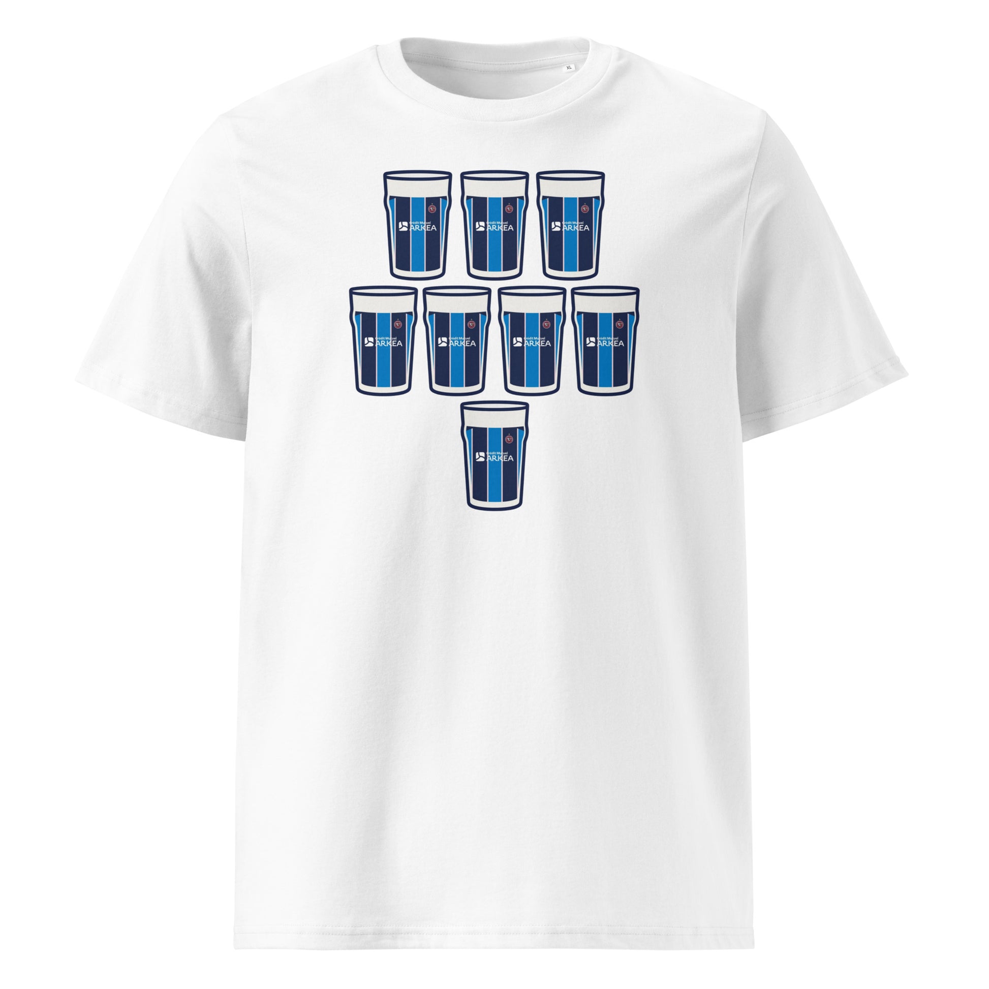 White t-shirt with eight navy and light blue striped pint glasses arranged in a rugby scrum formation with sponsor-style detail, Bordeaux Bègles Europe-inspired