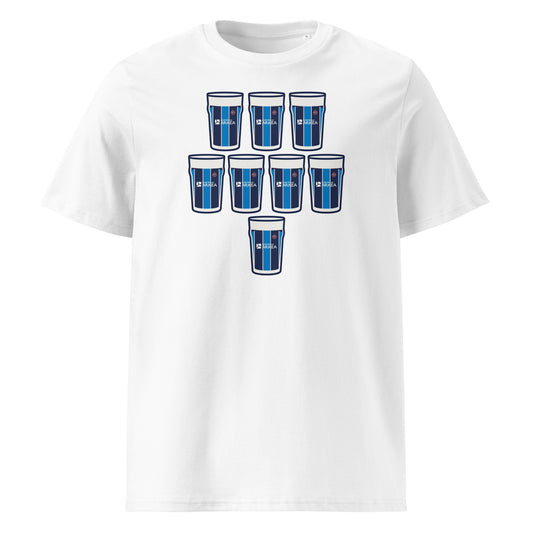 White t-shirt with eight navy and light blue striped pint glasses arranged in a rugby scrum formation with sponsor-style detail, Bordeaux Bègles Europe-inspired