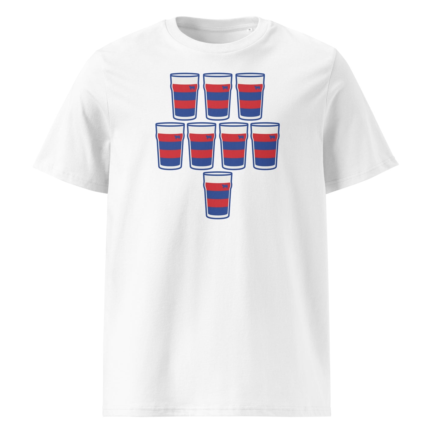 White t-shirt with eight red and navy striped pint glasses arranged in a rugby scrum formation, Clontarf rugby colours