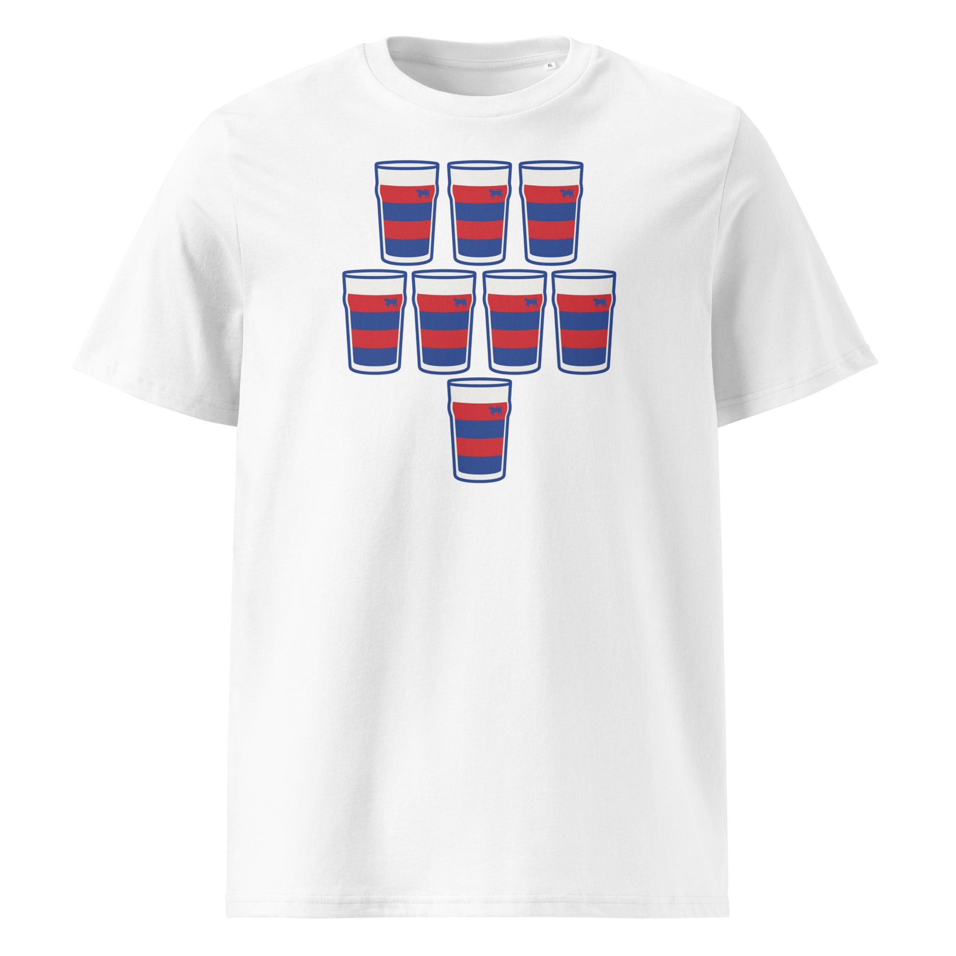 White t-shirt with eight red and navy striped pint glasses arranged in a rugby scrum formation, Clontarf rugby colours