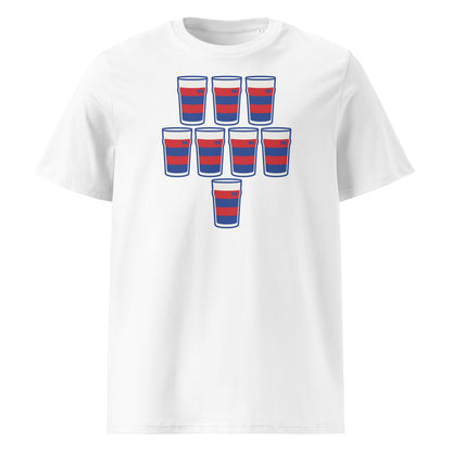 White t-shirt with eight red and navy striped pint glasses arranged in a rugby scrum formation, Clontarf rugby colours