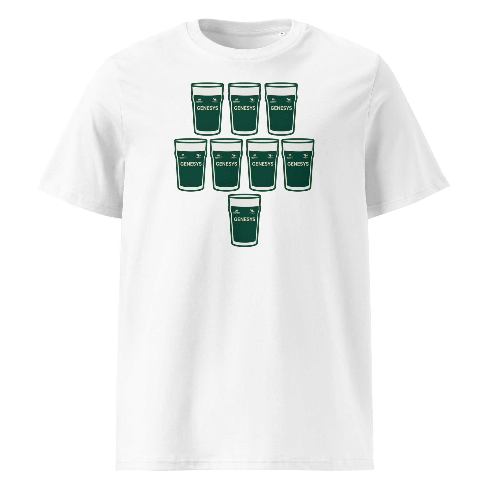 White t-shirt with eight deep green pint glasses arranged in a rugby scrum formation with sponsor-style text, Connacht home-inspired