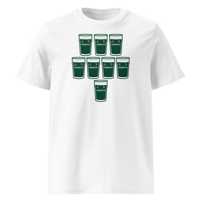 White t-shirt with eight deep green pint glasses arranged in a rugby scrum formation with sponsor-style text, Connacht home-inspired