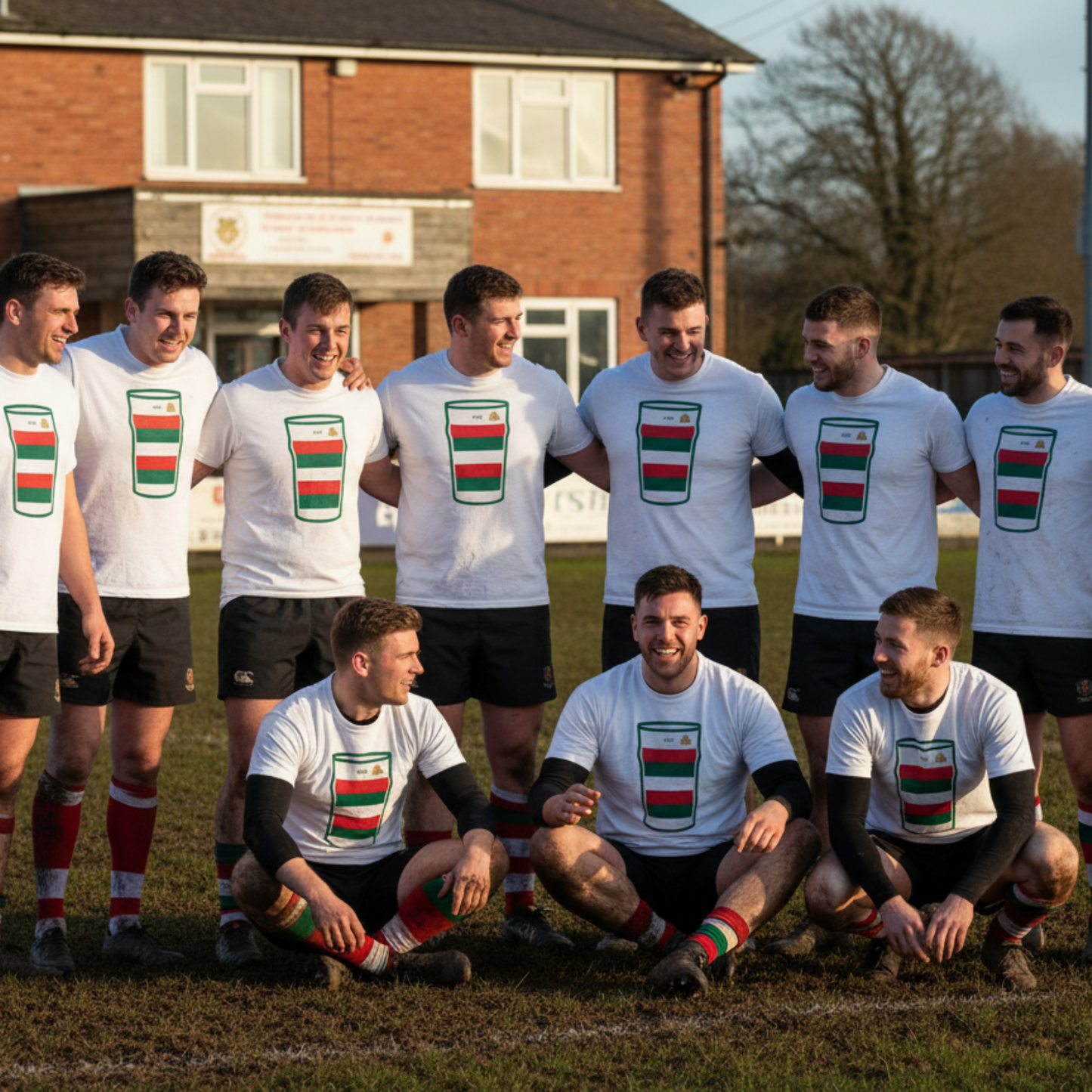 Rugby players wearing white Bective Mega Pint Rugby T-Shirts posing together on the pitch after a match outside the clubhouse.