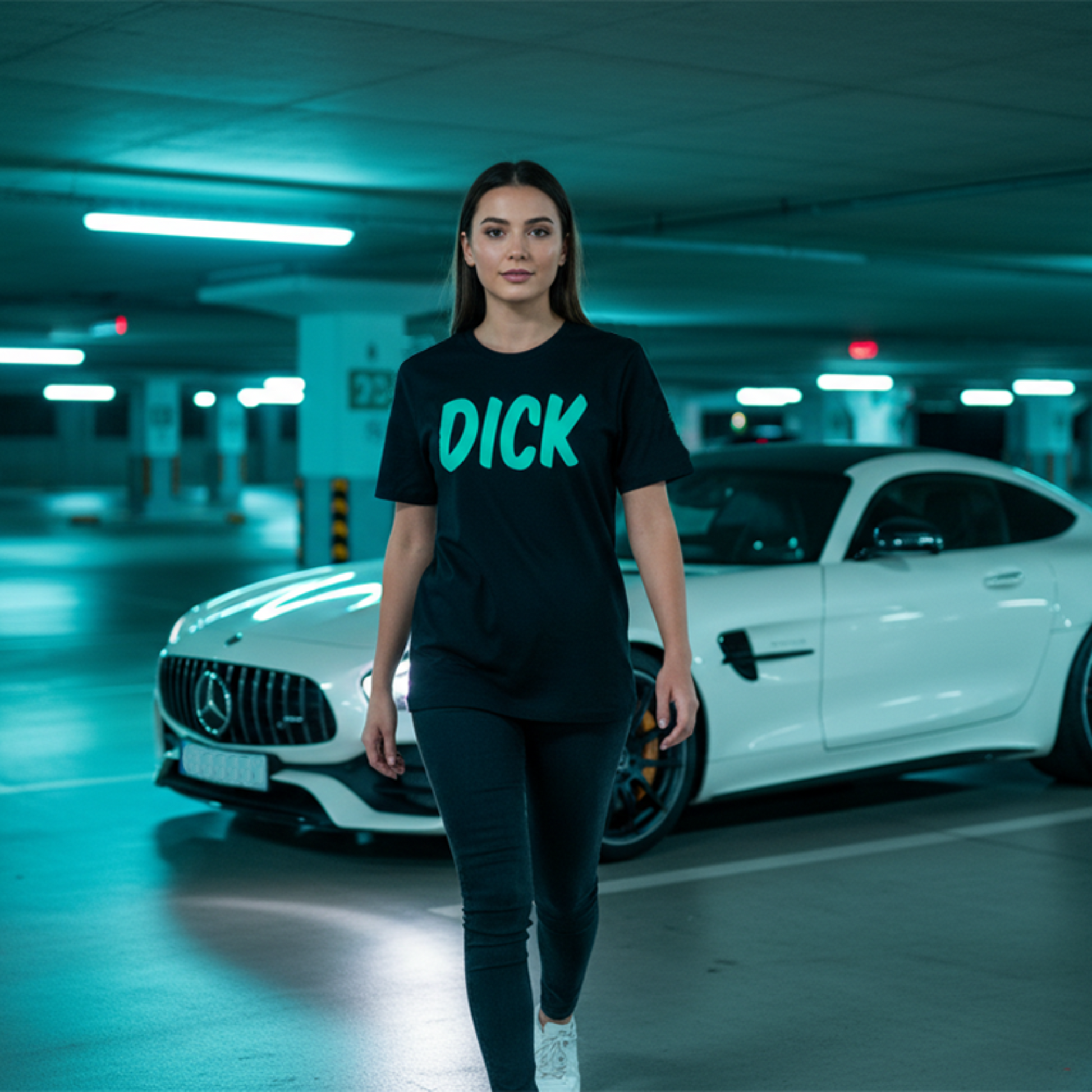 Female model wearing a black car t-shirt with 'DICK' printed in teal, standing in a car park with a white Mercedes sports car.