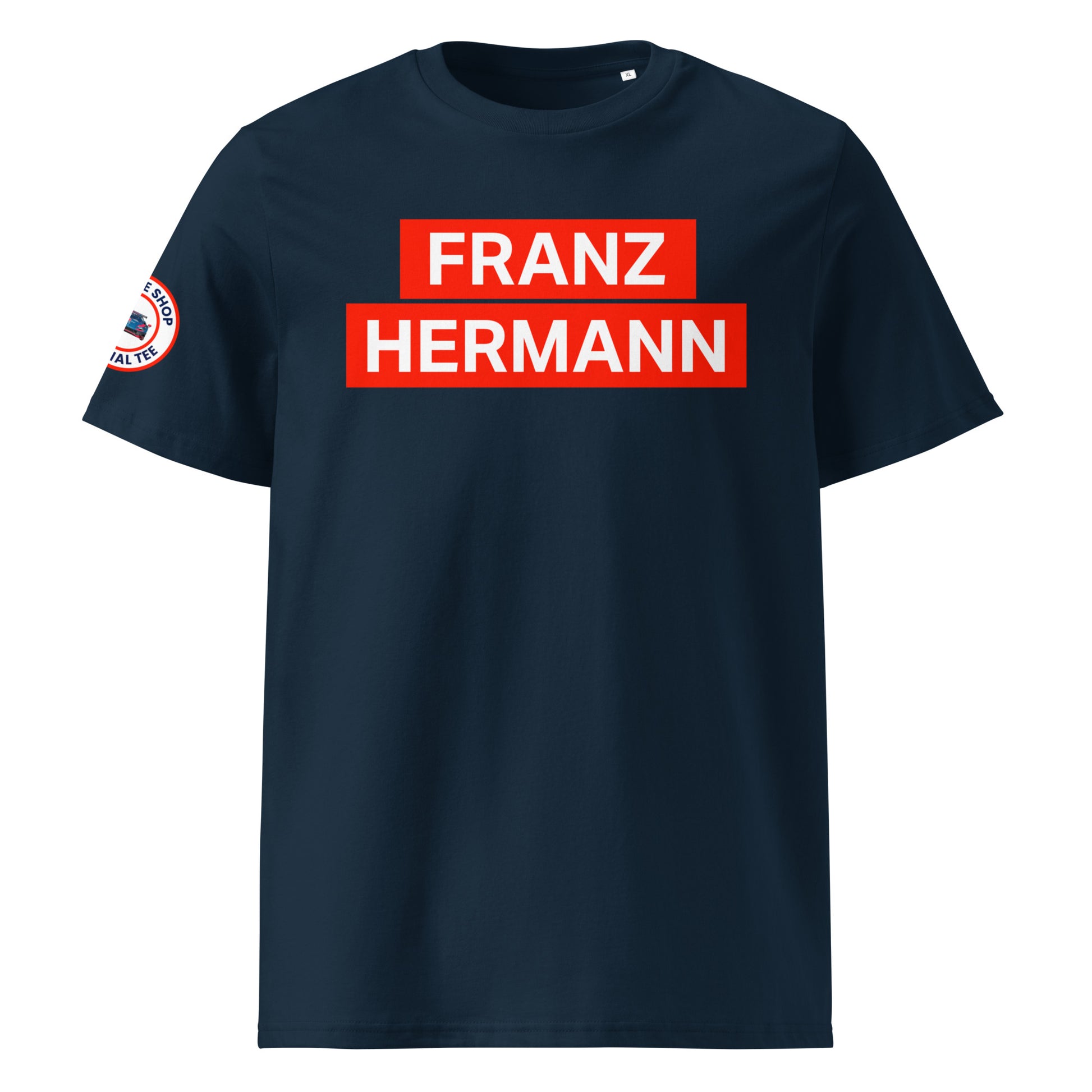 French navy organic cotton unisex t-shirt with bold red "FRANZ HERMANN" block text, inspired by Max Verstappen’s Nürburgring GT3 meme, front view. TheTeeShop motorsport fan apparel.
