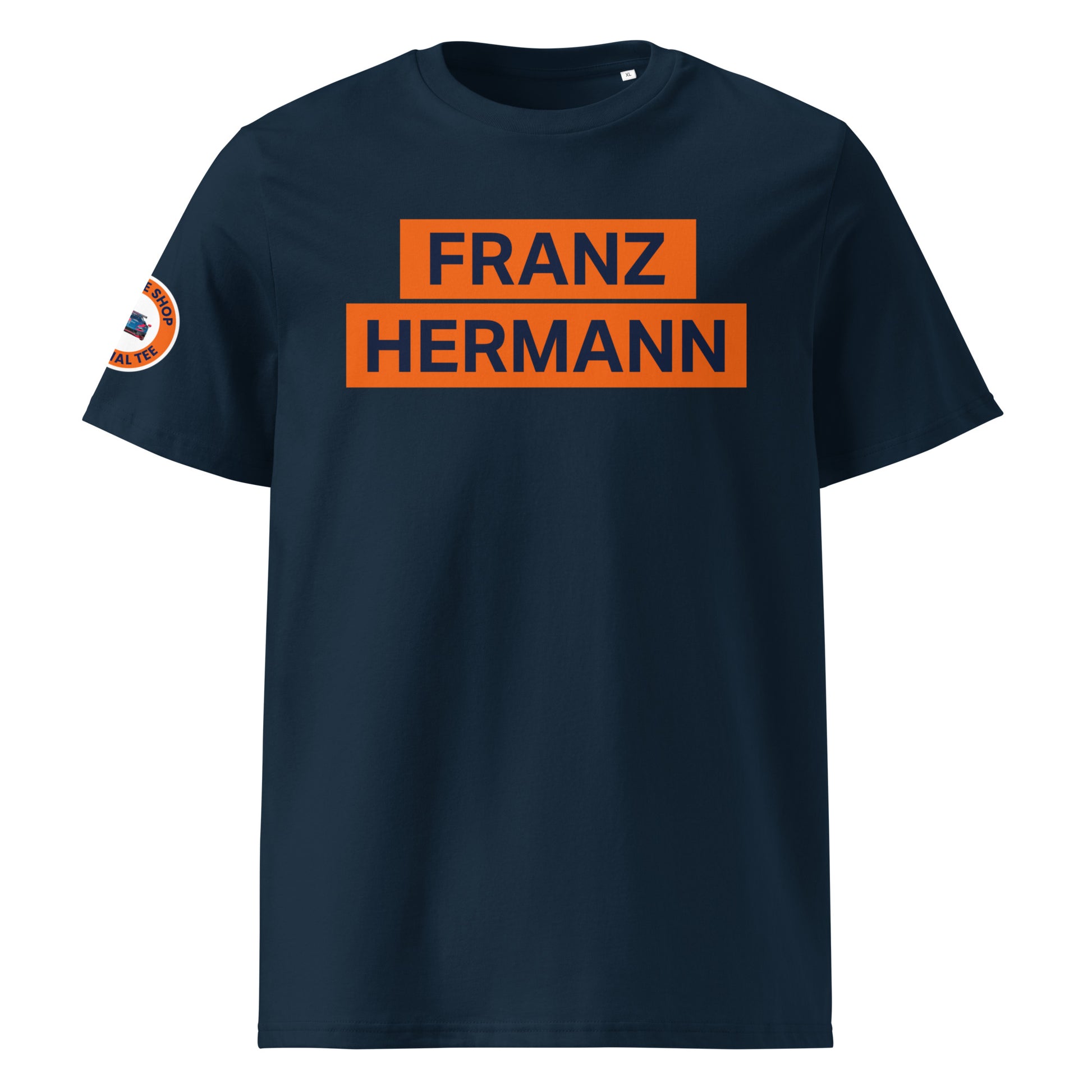 Navy organic cotton unisex t-shirt with orange "FRANZ HERMANN" block and navy font, Max Verstappen Nürburgring GT3 meme, front view. TheTeeShop motorsport fanwear.
