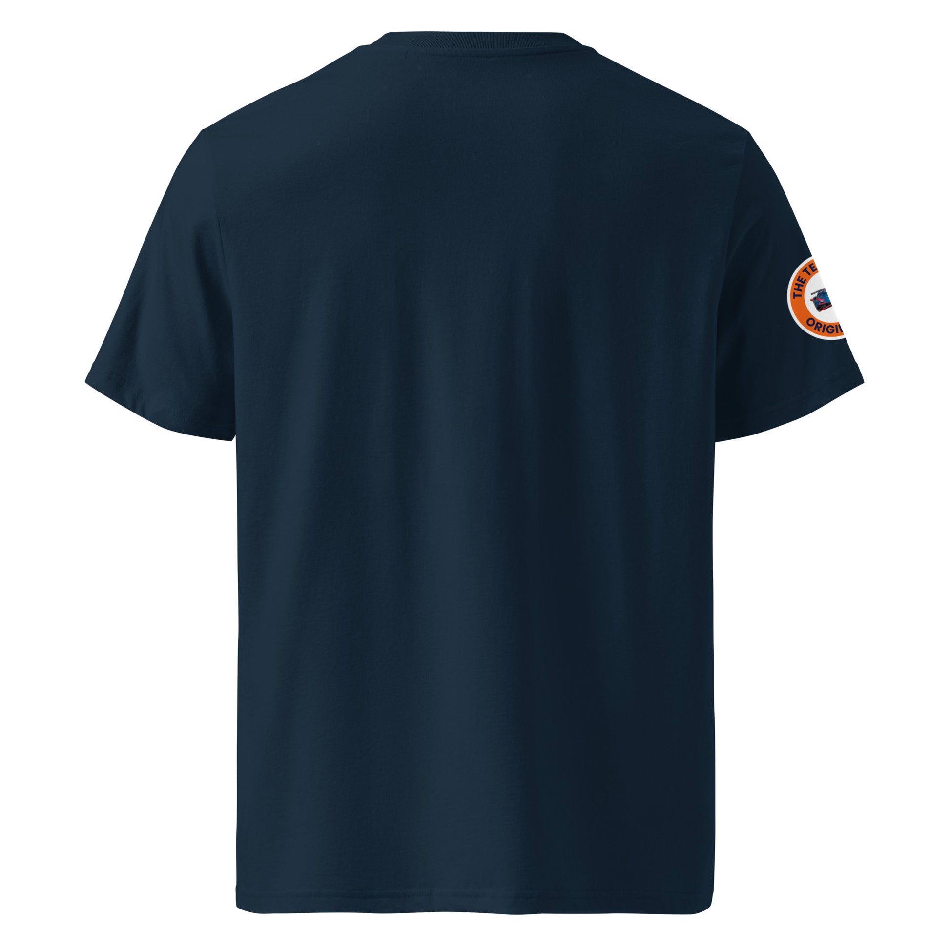 Rear view of navy blue FRANZ HERMANN meme t-shirt, plain back, organic cotton, ideal for F1, GT3, and racing fans.