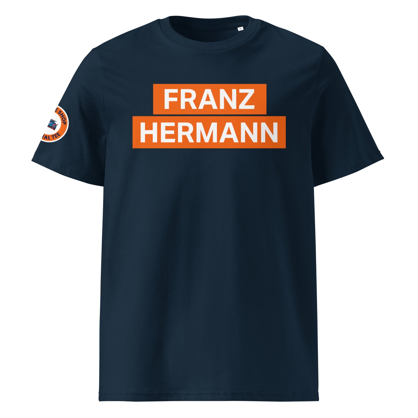 Navy blue organic cotton unisex t-shirt with striking orange "FRANZ HERMANN" block text, Max Verstappen Nürburgring GT3 meme, front view. TheTeeShop motorsport fanwear.