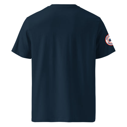 Rear view of navy blue FRANZ HERMANN meme t-shirt, plain back, premium organic cotton, ideal for F1 fans and car culture lovers.