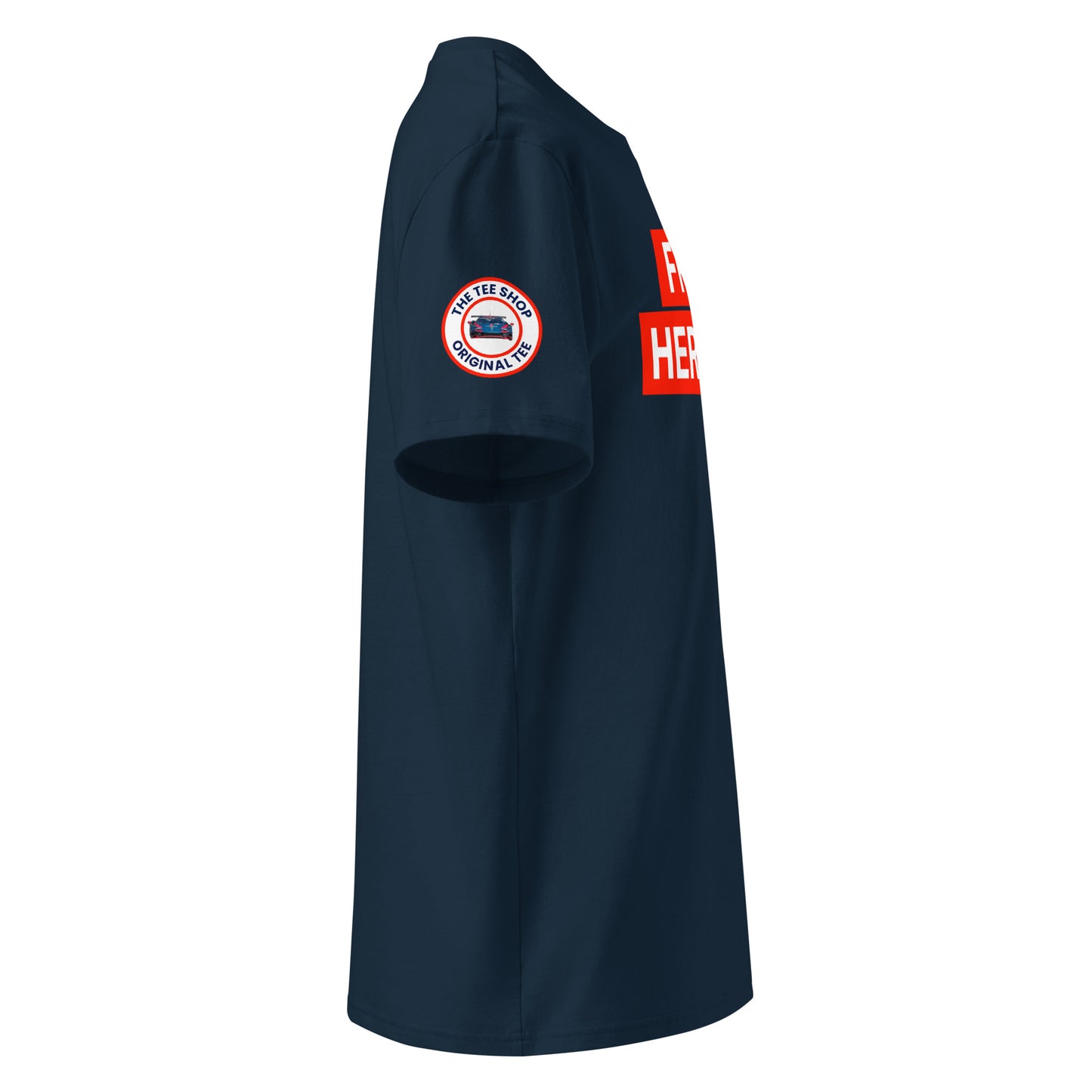 Right angle of TheTeeShop’s navy FRANZ HERMANN GT3 meme tee, highlighting red block print and classic unisex fit for motorsport and car meet enthusiasts.