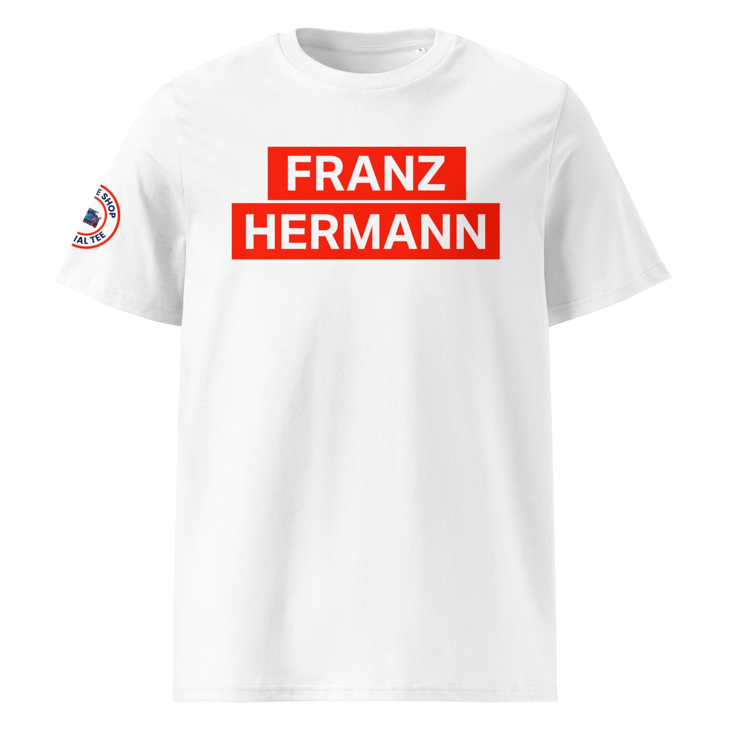 White organic cotton unisex t-shirt with bold orange "FRANZ HERMANN" block text, inspired by Max Verstappen’s Nürburgring GT3 meme, front view. TheTeeShop F1 motorsport fan apparel.