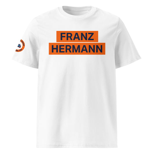 White organic cotton unisex t-shirt with orange "FRANZ HERMANN" block and navy font, inspired by Max Verstappen Nürburgring GT3 meme, front view. TheTeeShop F1 motorsport fan apparel.