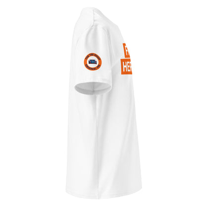 Right side view of TheTeeShop’s white FRANZ HERMANN GT3 meme tee, highlighting orange block print and classic unisex fit for motorsport enthusiasts.