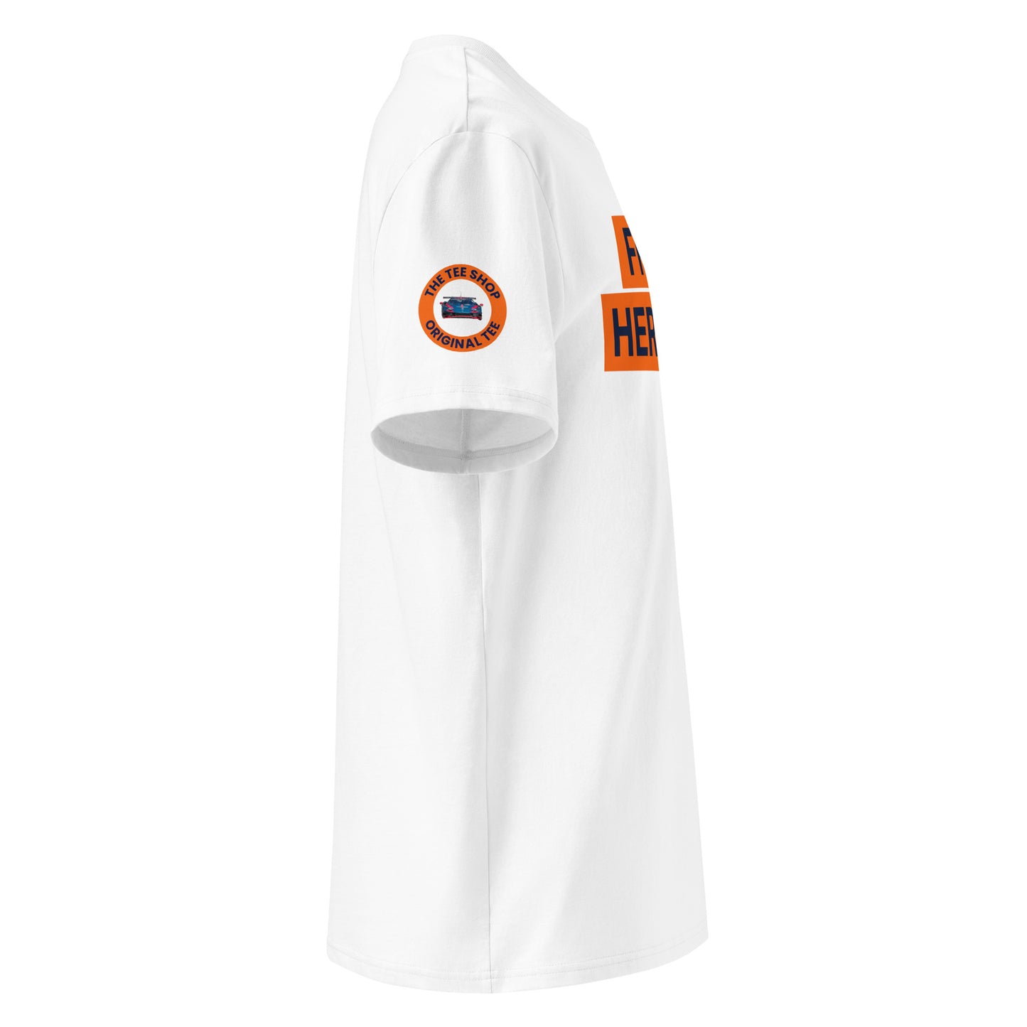 Right side of white "FRANZ HERMANN" meme t-shirt with orange block, navy lettering, and round TheTeeShop sleeve logo. For F1 and GT3 racing fans.