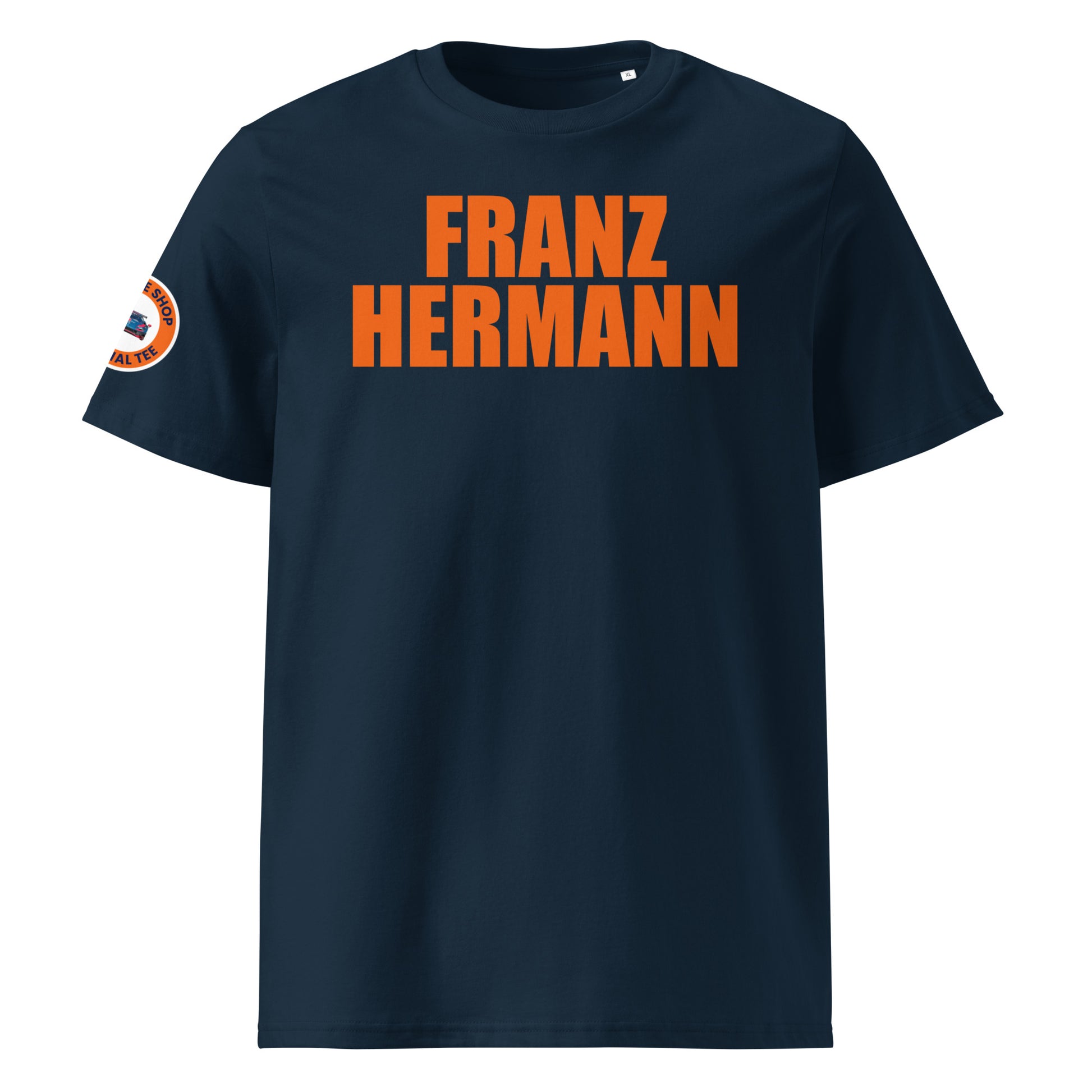 Navy blue organic cotton unisex t-shirt with bright orange "FRANZ HERMANN" lettering, right sleeve logo, front view, perfect for Dutch Max Verstappen fans and F1 meme lovers.