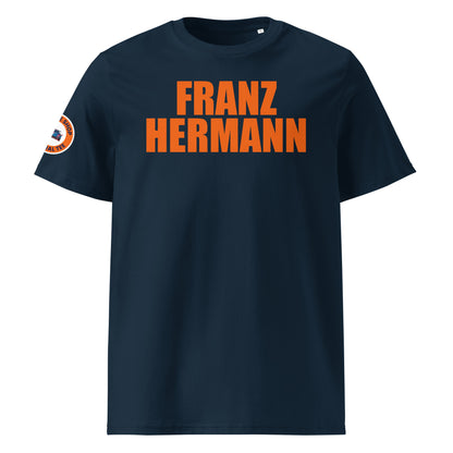 Navy blue organic cotton unisex t-shirt with bright orange "FRANZ HERMANN" lettering, right sleeve logo, front view, perfect for Dutch Max Verstappen fans and F1 meme lovers.
