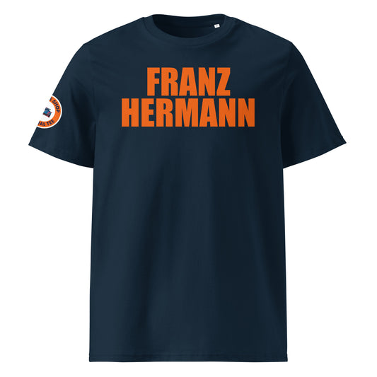 Navy blue organic cotton unisex t-shirt with bright orange "FRANZ HERMANN" lettering, right sleeve logo, front view, perfect for Dutch Max Verstappen fans and F1 meme lovers.