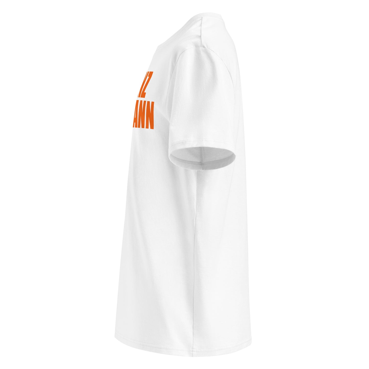 Left side of white FRANZ HERMANN t-shirt, orange block lettering, right sleeve with TheTeeShop logo, designed for F1 and Dutch Max fans.