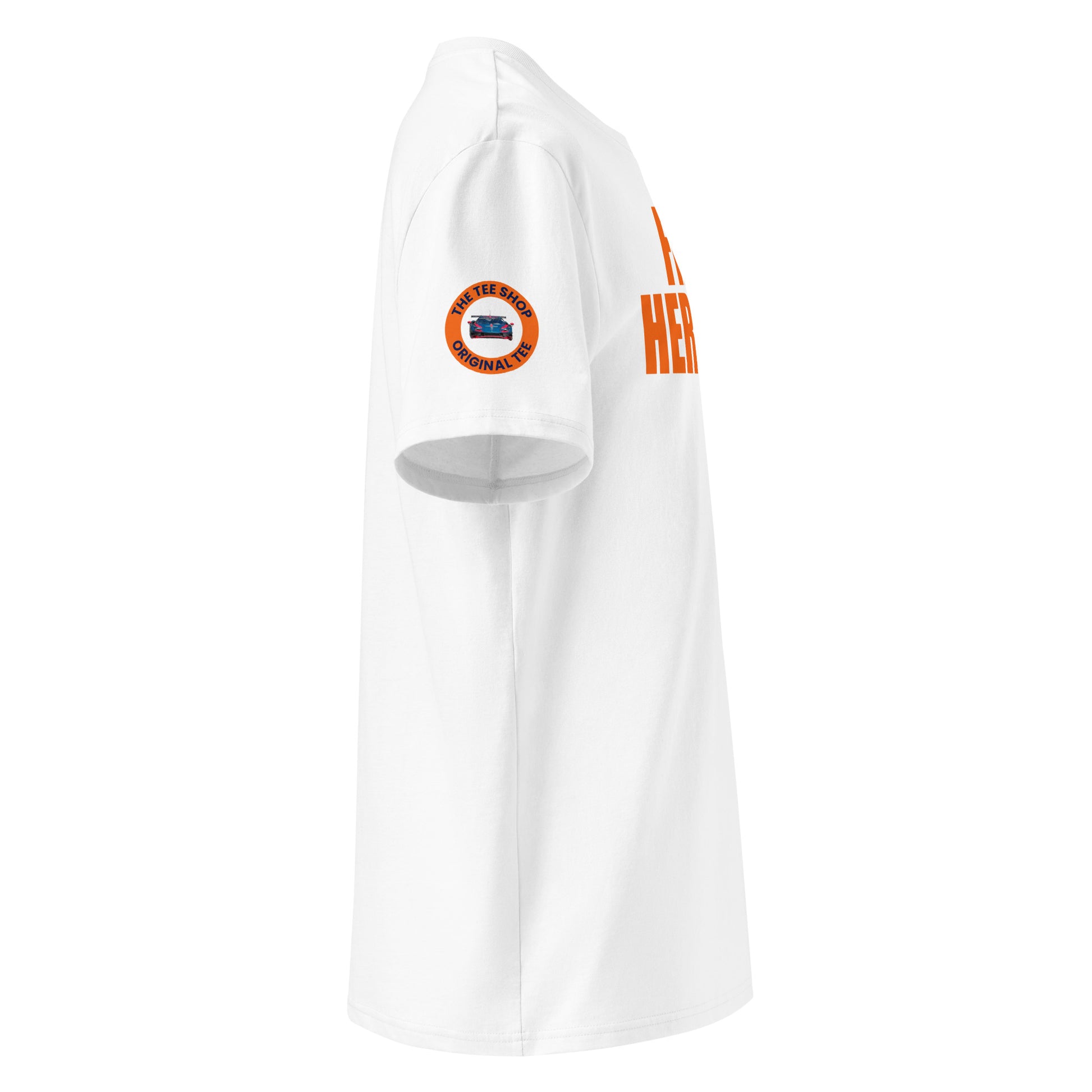 Right side view of white FRANZ HERMANN t-shirt, bold orange print, round logo on right sleeve, for motorsport and meme fans.