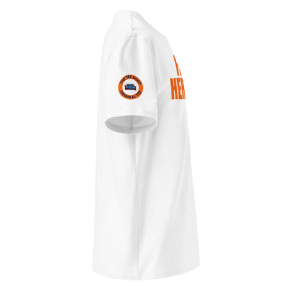Right side view of white FRANZ HERMANN t-shirt, bold orange print, round logo on right sleeve, for motorsport and meme fans.