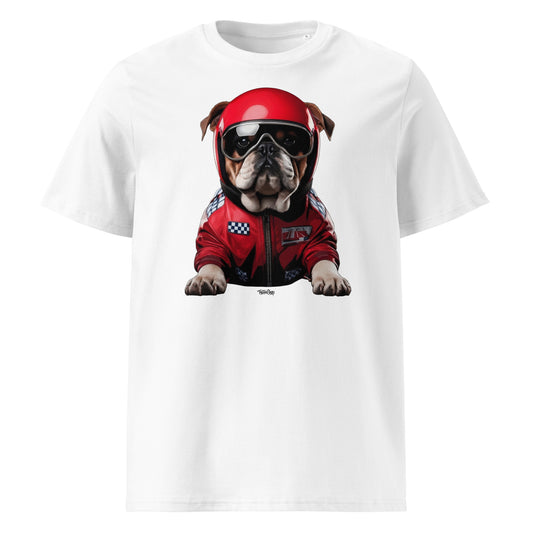 Roscoe Racing Dog in his red race suit helmet and goggles. Ready to race.