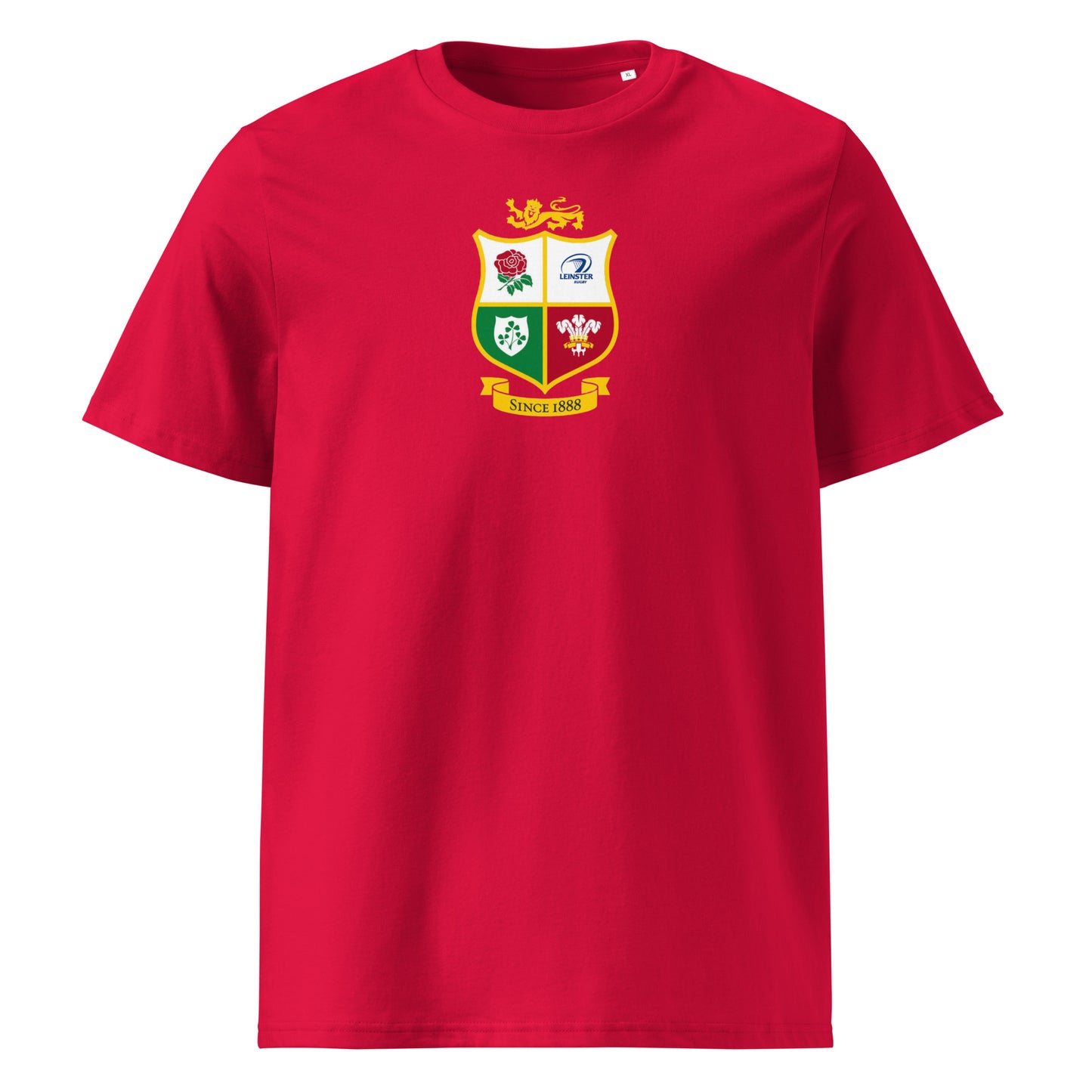 Front view of the red British and Irish Lions Leinster alternative t-shirt.