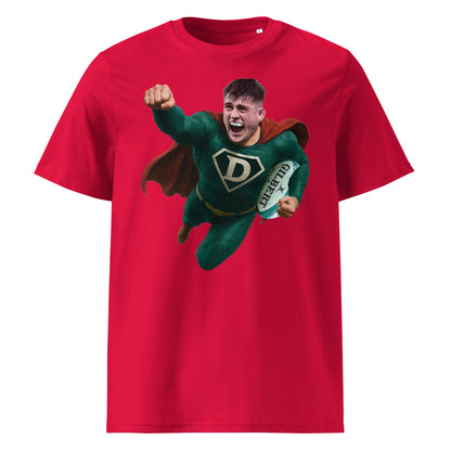 Red rugby t-shirt featuring Dan Sheehan Ireland's rugby hero in a Superman outfit.