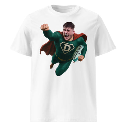 White rugby t-shirt featuring Dan Sheehan Ireland's rugby hero in a Superman outfit.