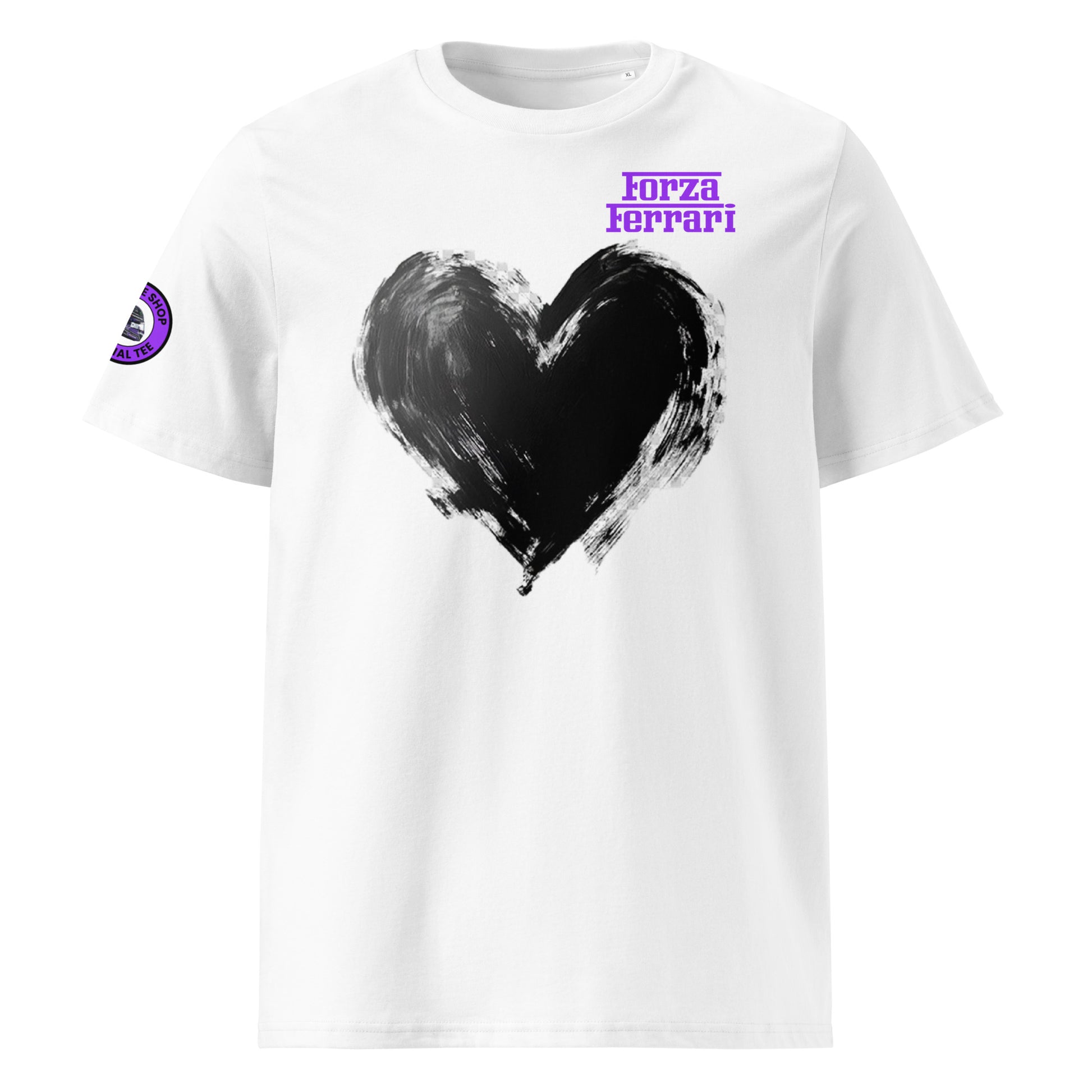 Front view of this unique t shirt design by theteeshop for 2025. The shirt features a large black heart and Forza Ferrari in purple. This purple is for lewis and his supporters as he joins a new team.