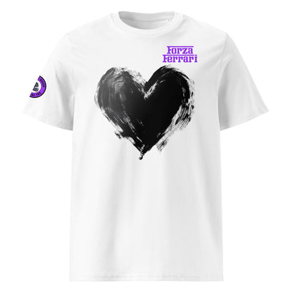 Front view of this unique t shirt design by theteeshop for 2025. The shirt features a large black heart and Forza Ferrari in purple. This purple is for lewis and his supporters as he joins a new team.