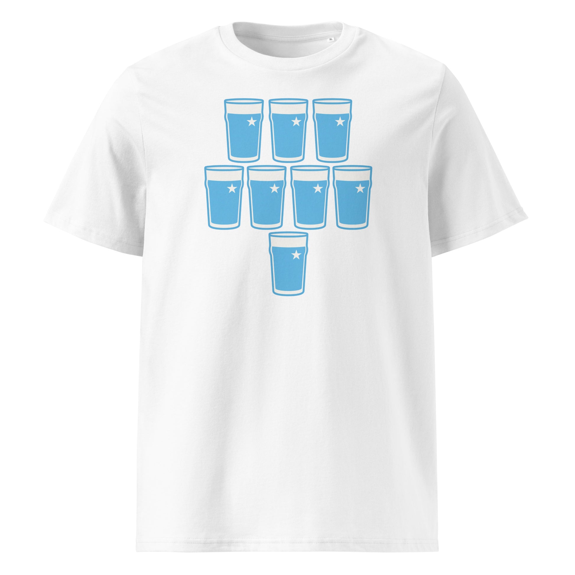 White t-shirt with eight light-blue pint glasses arranged in a rugby scrum formation with white star detail