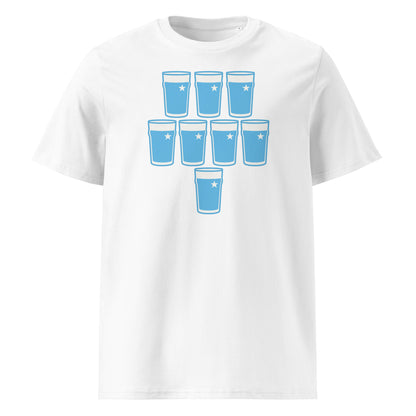 White t-shirt with eight light-blue pint glasses arranged in a rugby scrum formation with white star detail