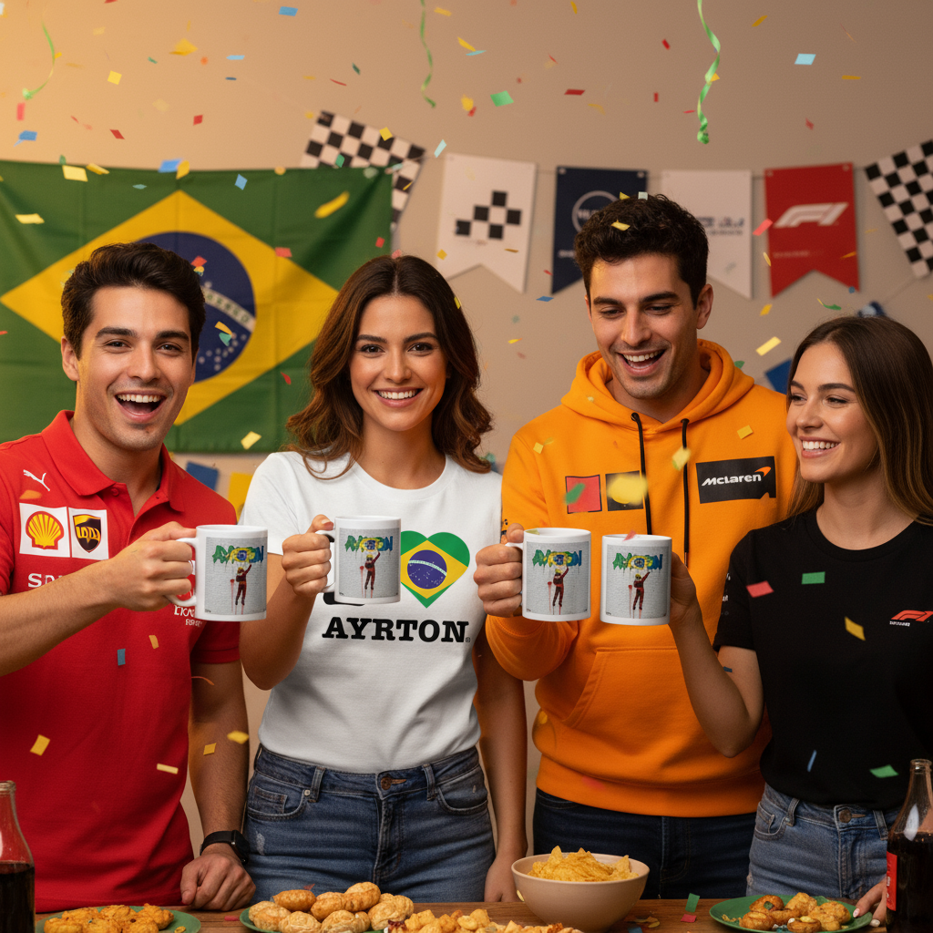 A group of F1 fans at a race day party, with only one person wearing an “I ♥ Ayrton” t-shirt and others in Ferrari, F1 team, or casual fan attire. All are holding Ayrton Street Art Graffiti Mugs in a lively, decorated setting celebrating Ayrton Senna.