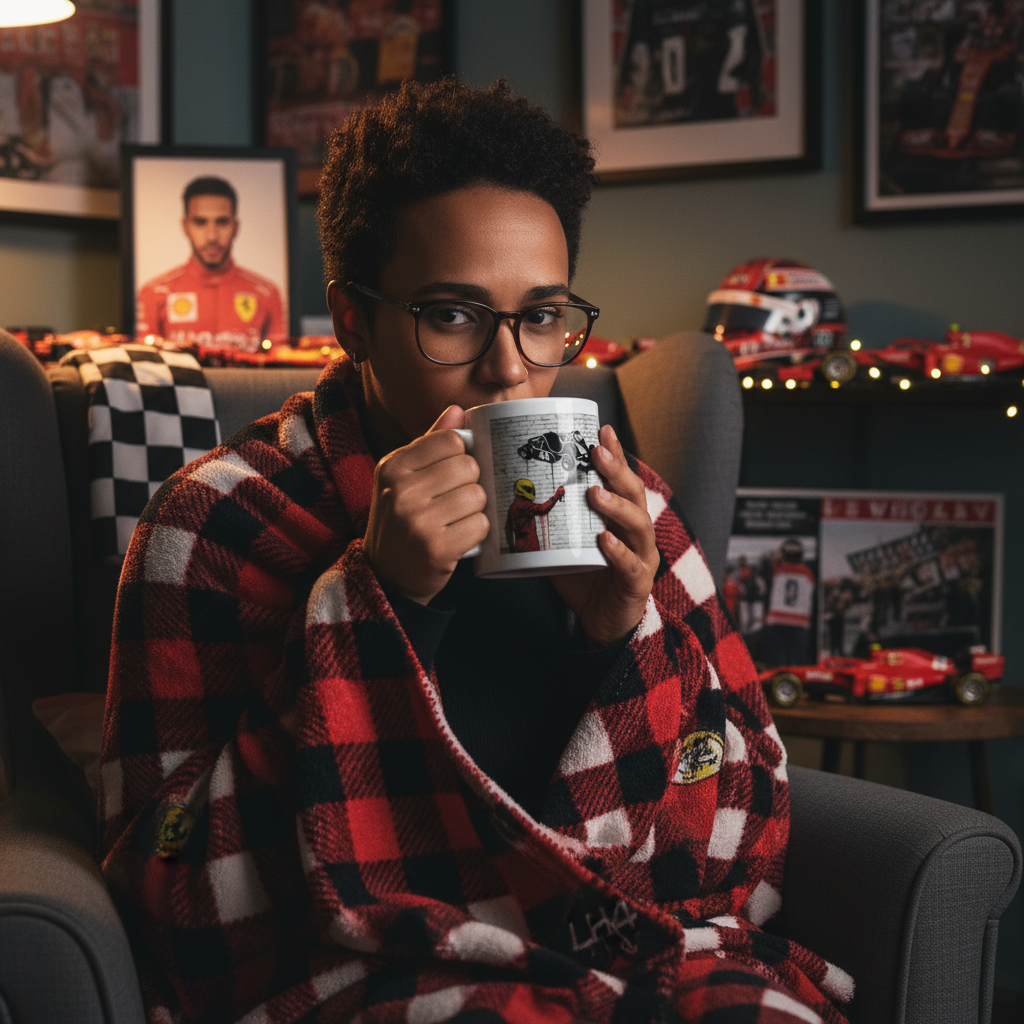 A female Lewis Hamilton fan in Ferrari attire, wrapped in a blanket, enjoying coffee from the Humble Beginnings Graffiti Mug with karting street art.
