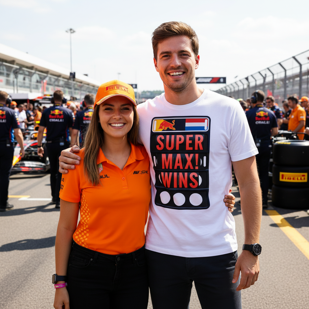 Motorsport couple in a grand prix paddock, with a generic male fan wearing the SUPER MAX WINS pit board t-shirt and his partner in bright orange supporter gear, celebrating a race win in Max Verstappen style.