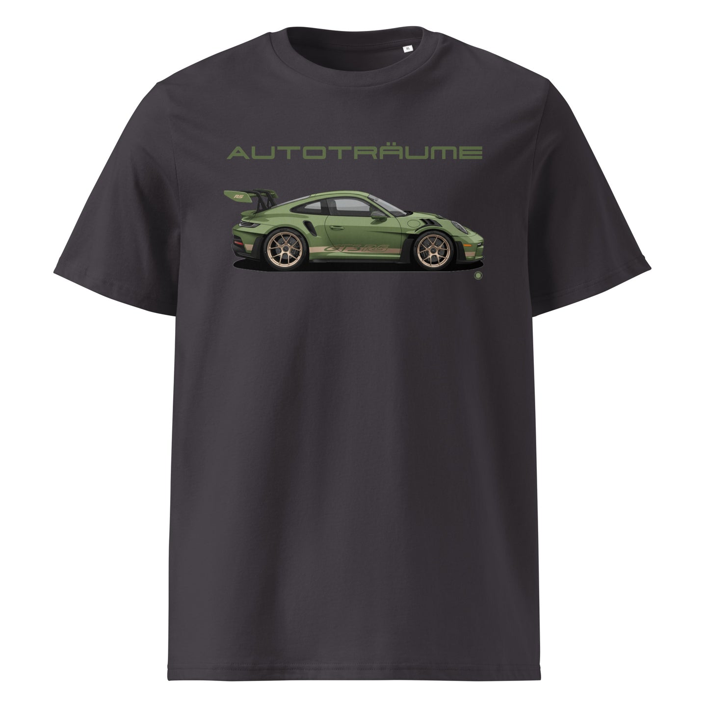 Anthracite unisex organic cotton t-shirt with olive green Porsche GT3 RS illustration and “AUTOTRÄUME” text. TheTeeShop Porsche Collection exclusive.