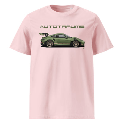 Pink unisex organic cotton t-shirt with olive green Porsche GT3 RS illustration and “AUTOTRÄUME” text. TheTeeShop Porsche Collection exclusive.
