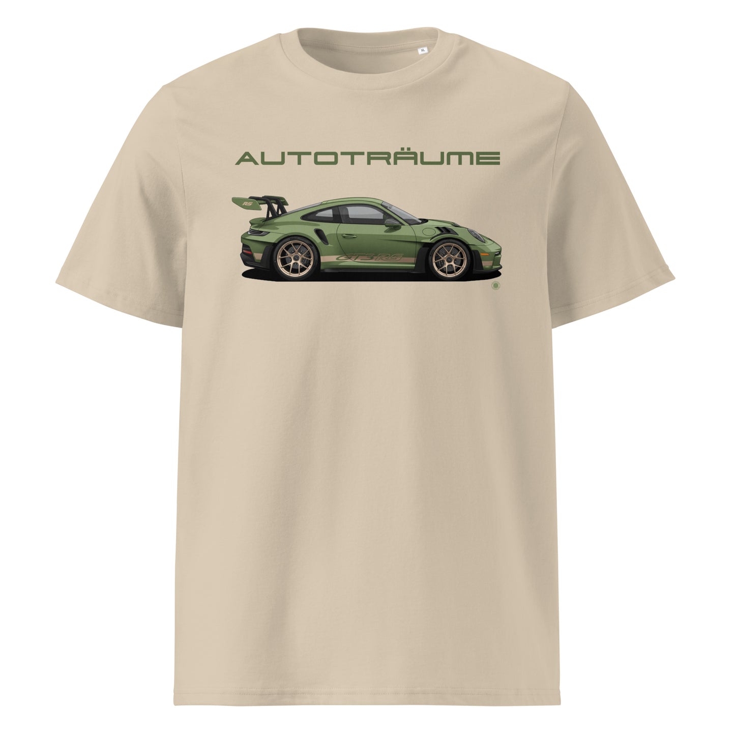 Desert Dust unisex organic cotton t-shirt with olive green Porsche GT3 RS illustration and “AUTOTRÄUME” text. TheTeeShop Porsche Collection exclusive.