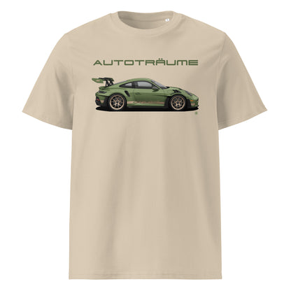 Desert Dust unisex organic cotton t-shirt with olive green Porsche GT3 RS illustration and “AUTOTRÄUME” text. TheTeeShop Porsche Collection exclusive.