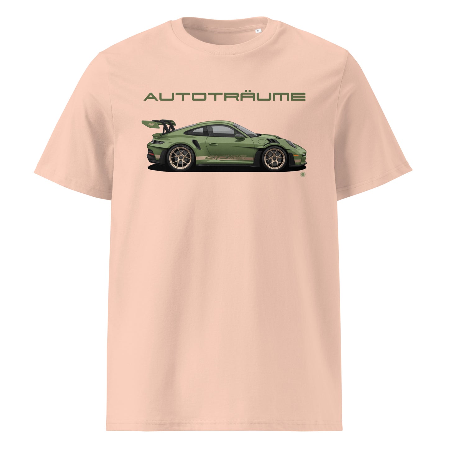 Fraiche Peche unisex organic cotton t-shirt with olive green Porsche GT3 RS illustration and “AUTOTRÄUME” text. TheTeeShop Porsche Collection exclusive.